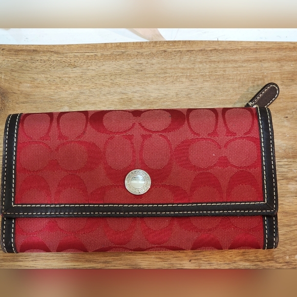Coach Jacquard print and leather trimmed long snap wallet, red and brown, EUC - Picture 1 of 7